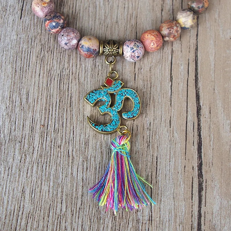 Pulsera Mala de Piedras Naturales Chakra Hecha a Mano con Borla Om para Mujeres y Hombres