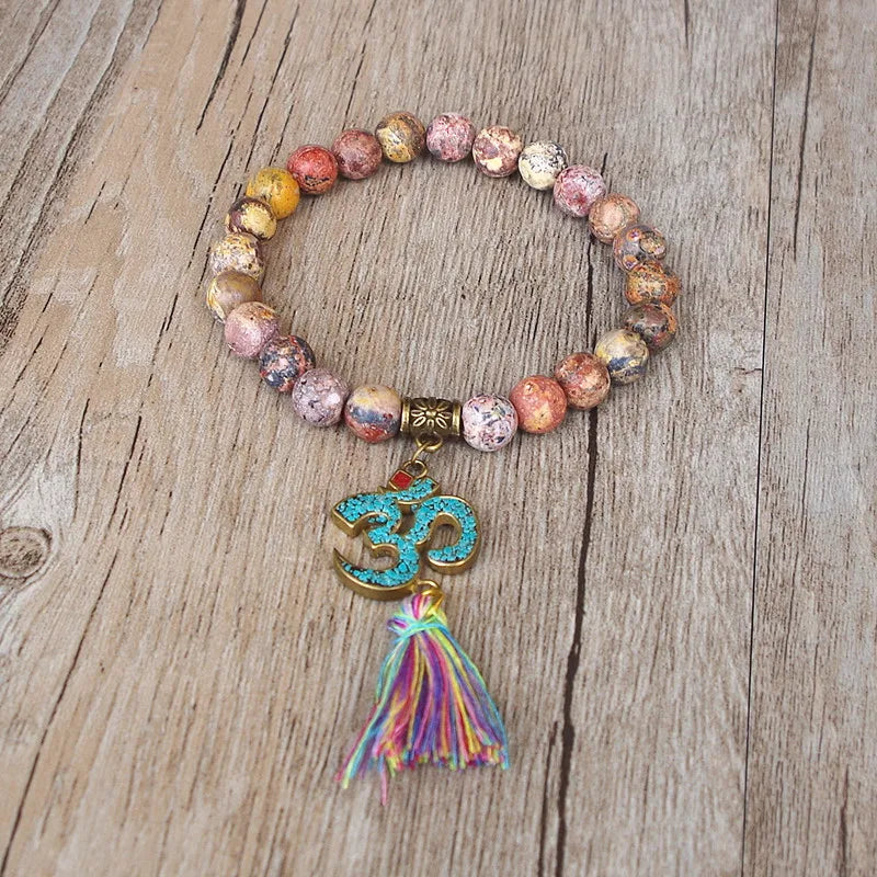 Pulsera Mala de Piedras Naturales Chakra Hecha a Mano con Borla Om para Mujeres y Hombres