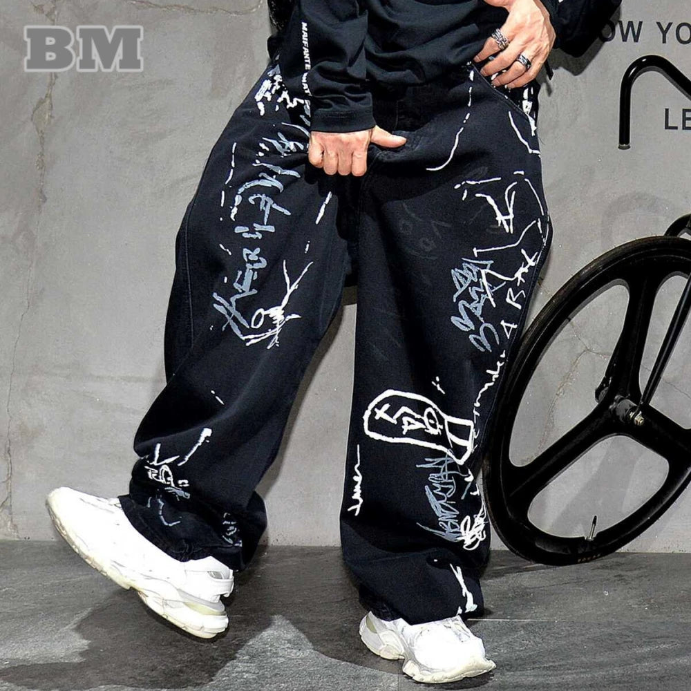 Jeans Baggy de Hip Hop Americano Hombres Ropa Callejera Pintura Graffiti Skateboard Negro Pantalones de Baile Callejero Kpop Vaqueros