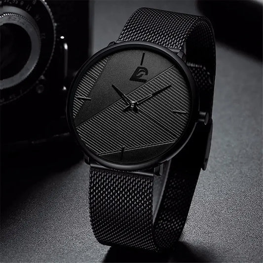 Reloj Hombre Ultrafino Minimalista - Correa de Malla Negra de Acero Inoxidable