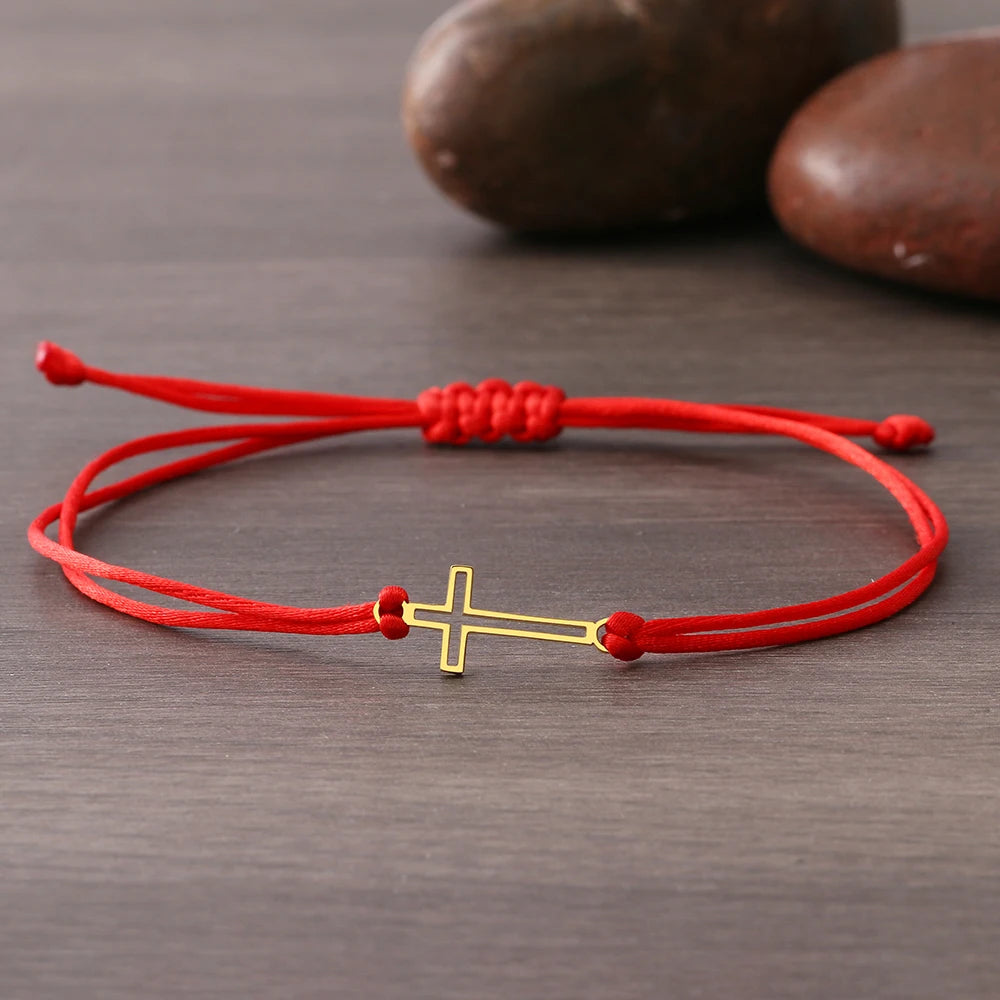 Pulsera de Acero Inoxidable Cruz Gótica Trenzada a Mano con Encanto de Moda en Cuerda Negra y Roja para Mujeres