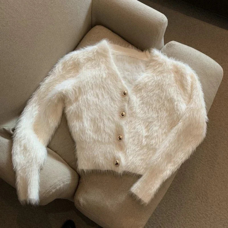 Cardigan corto de punto de mohair blanco con cuello en V - Suéter retro de moda para mujer