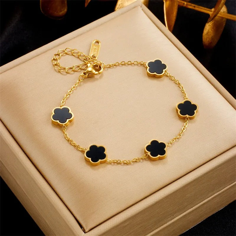 RAKOL Korean Colorful Five Leaf Flower Charm Bracelets for Women 2023 New Gold Color Stainless Steel Clover Bracelet Jewelry