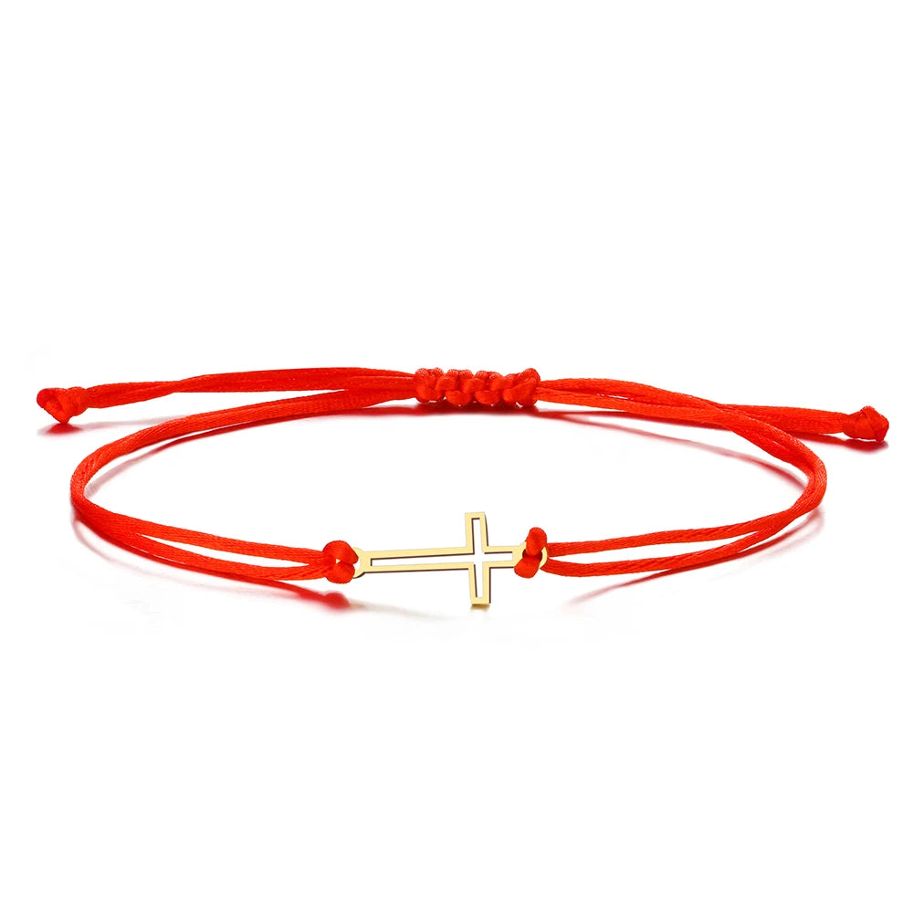 Pulsera de Acero Inoxidable Cruz Gótica Trenzada a Mano con Encanto de Moda en Cuerda Negra y Roja para Mujeres