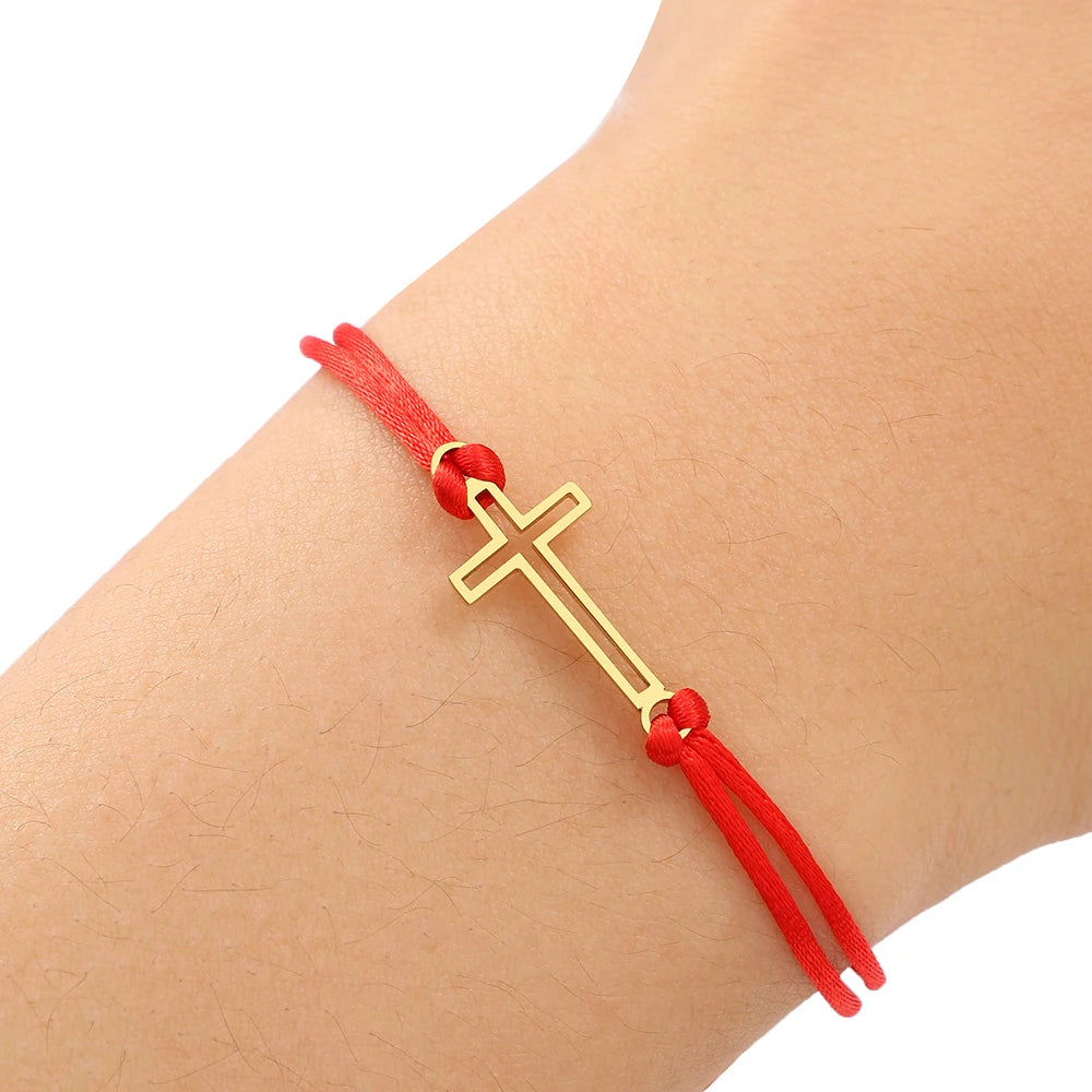 Pulsera de Acero Inoxidable Cruz Gótica Trenzada a Mano con Encanto de Moda en Cuerda Negra y Roja para Mujeres