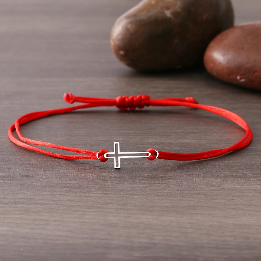 Pulsera de Acero Inoxidable Cruz Gótica Trenzada a Mano con Encanto de Moda en Cuerda Negra y Roja para Mujeres