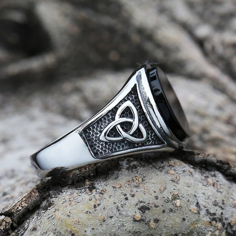 Anillo de Acero Inoxidable Vikingo con Nudo Celta Hombres Mujeres Anillo de Boda Nórdico con Piedra OSR933