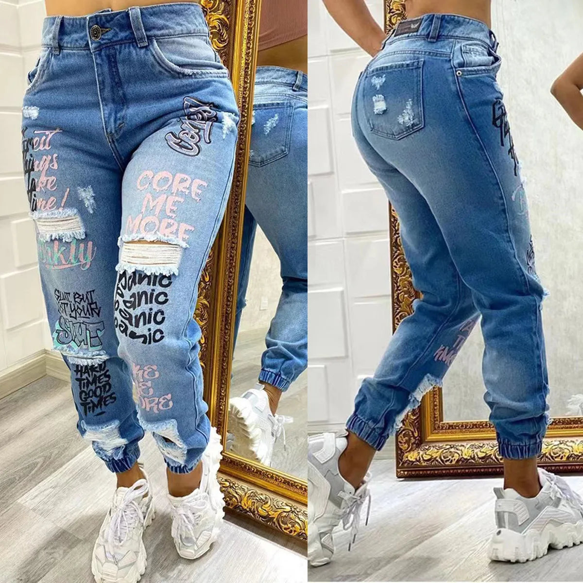 Jeans de mujer rasgados con bolsillos inclinados y estampado de letras 2024