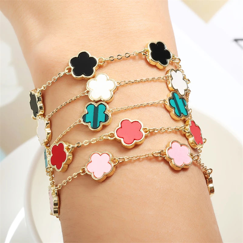 RAKOL Korean Colorful Five Leaf Flower Charm Bracelets for Women 2023 New Gold Color Stainless Steel Clover Bracelet Jewelry