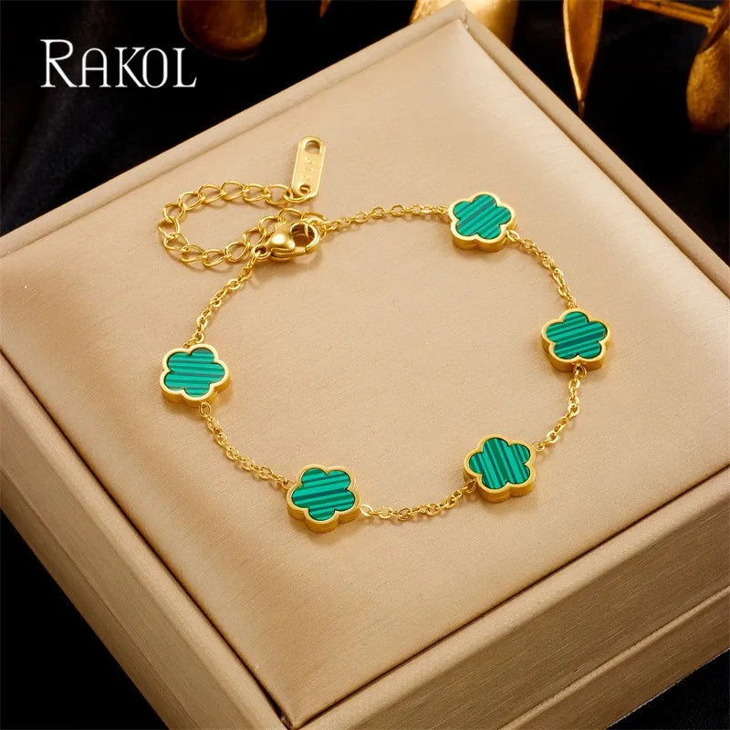 RAKOL Korean Colorful Five Leaf Flower Charm Bracelets for Women 2023 New Gold Color Stainless Steel Clover Bracelet Jewelry