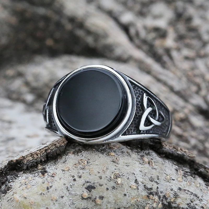 Anillo de Acero Inoxidable Vikingo con Nudo Celta Hombres Mujeres Anillo de Boda Nórdico con Piedra OSR933