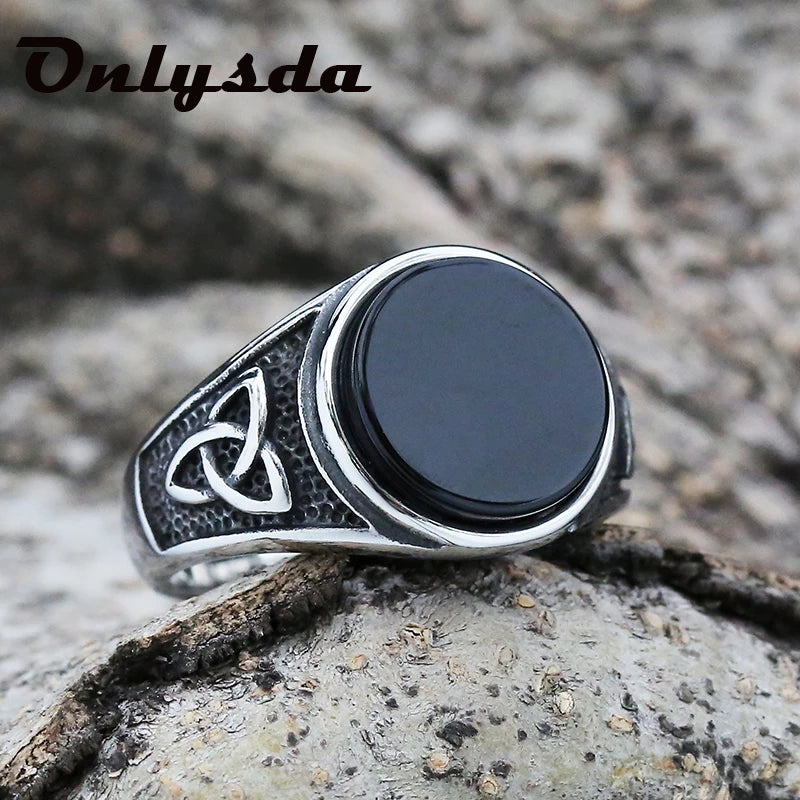 Anillo de Acero Inoxidable Vikingo con Nudo Celta Hombres Mujeres Anillo de Boda Nórdico con Piedra OSR933